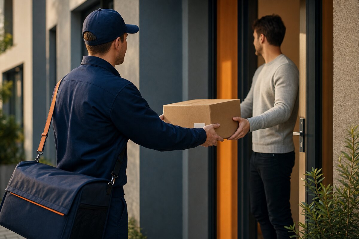 Courier handing a cash-on-delivery parcel to a customer at the door