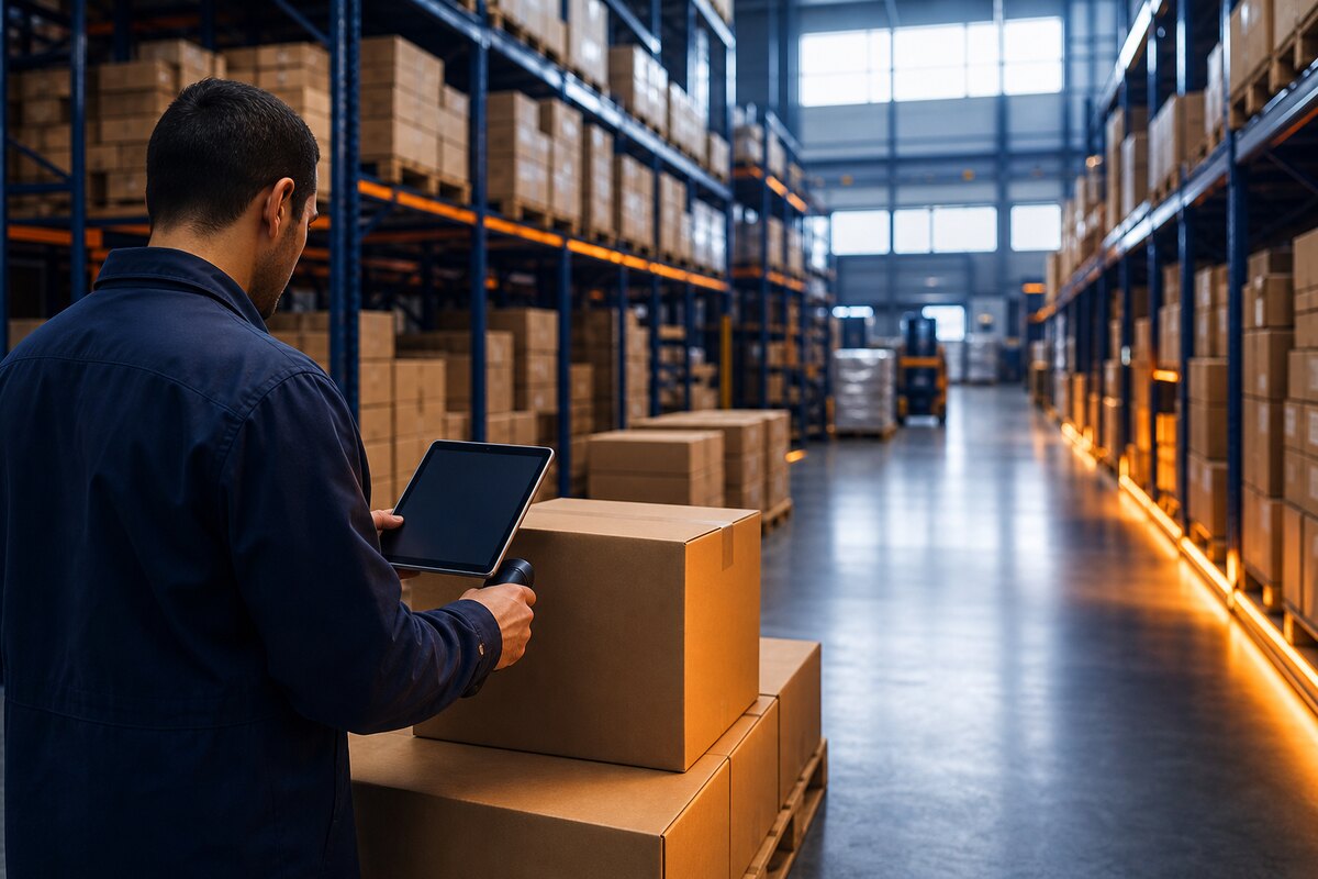 Warehouse worker scanning a package with a tablet in a fulfillment center