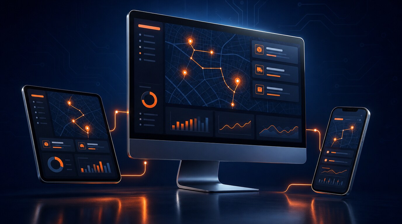 Trackify logistics dashboard shown on desktop, tablet and phone