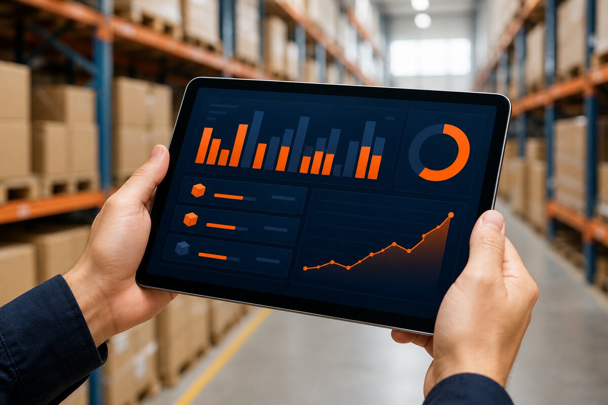 Warehouse worker checking live inventory dashboard on a tablet